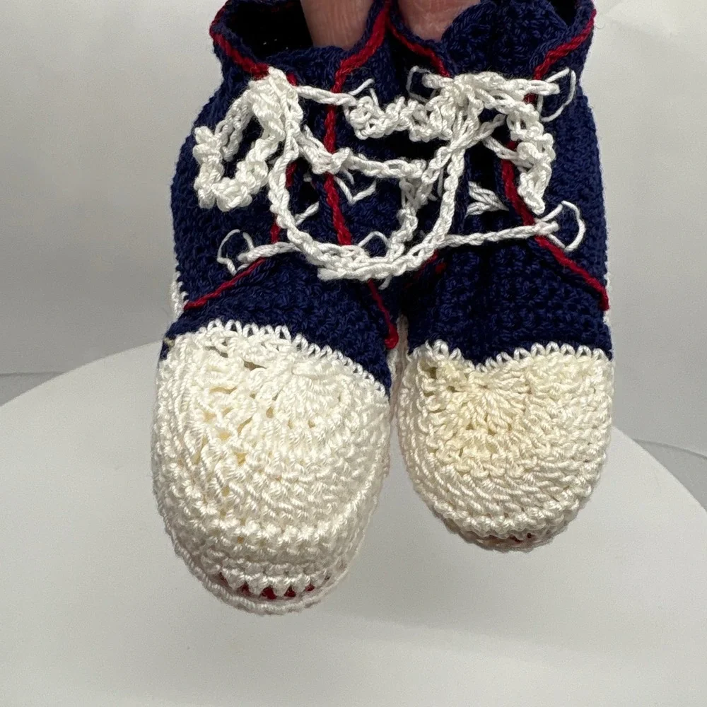 Handmade Crochet Baby Shoes High Top Sneaker Navy Blue White‎ Red Baby Shower